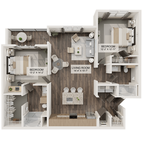 Floor plan for 2 beds, 2 baths, 1193 sqft